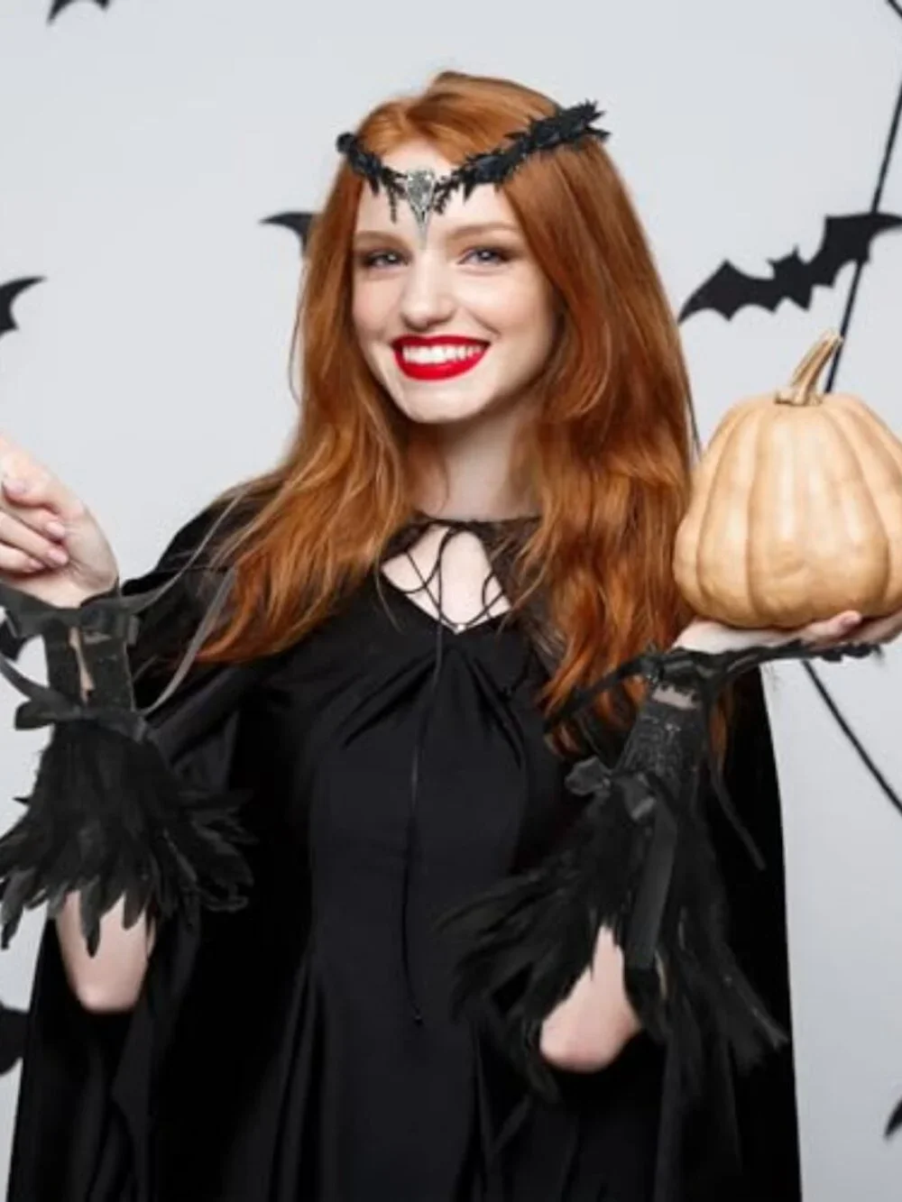 Gothic Raven Skull Crown and Feather Gloves Set - Halloween Costume Accessories